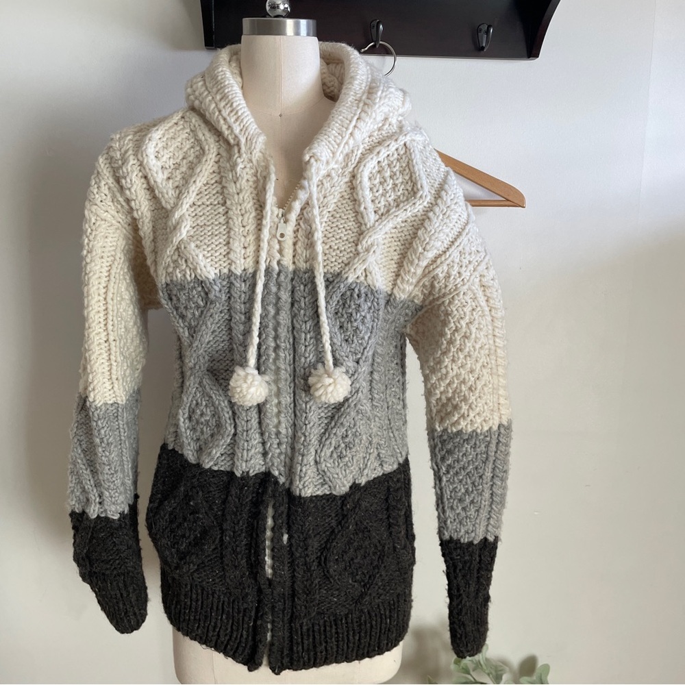 Vintage handmade knit hooded sweater zip up cardigan with pom pom ties